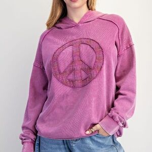 NEW EASEL CLOTHING WASHED TERRY KNIT PULLOVER PEACE HOODIE Purple SWEATSHIRT